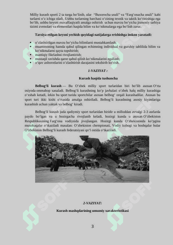 “Kurash turlari va uni o‘qitish metodikasi”  fanidan bakalavriyatning 61010300 jismoniy madaniyat (sirtqi) yo‘nalishi mutaxassisliklar uchun O‘QUV-USLUBIY MAJMUA 3