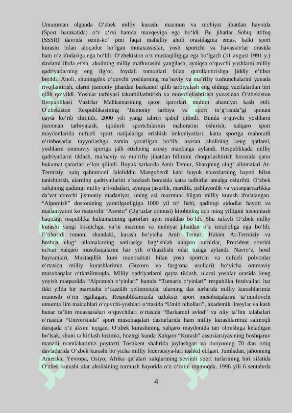 “Kurash turlari va uni o‘qitish metodikasi”  fanidan bakalavriyatning 61010300 jismoniy madaniyat (sirtqi) yo‘nalishi mutaxassisliklar uchun O‘QUV-USLUBIY MAJMUA 4