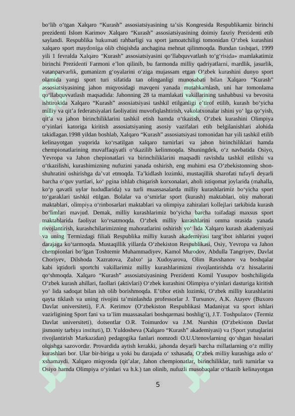 “Kurash turlari va uni o‘qitish metodikasi”  fanidan bakalavriyatning 61010300 jismoniy madaniyat (sirtqi) yo‘nalishi mutaxassisliklar uchun O‘QUV-USLUBIY MAJMUA 5