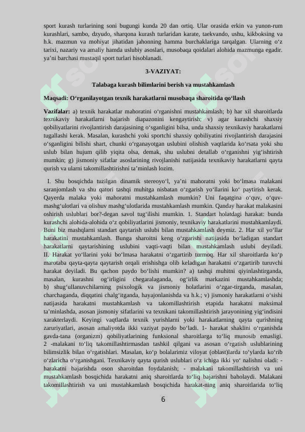 “Kurash turlari va uni o‘qitish metodikasi”  fanidan bakalavriyatning 61010300 jismoniy madaniyat (sirtqi) yo‘nalishi mutaxassisliklar uchun O‘QUV-USLUBIY MAJMUA 6