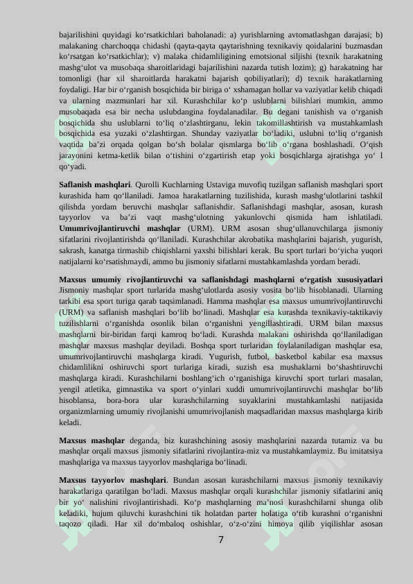 “Kurash turlari va uni o‘qitish metodikasi”  fanidan bakalavriyatning 61010300 jismoniy madaniyat (sirtqi) yo‘nalishi mutaxassisliklar uchun O‘QUV-USLUBIY MAJMUA 7
