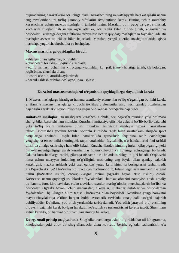 “Kurash turlari va uni o‘qitish metodikasi”  fanidan bakalavriyatning 61010300 jismoniy madaniyat (sirtqi) yo‘nalishi mutaxassisliklar uchun O‘QUV-USLUBIY MAJMUA 8