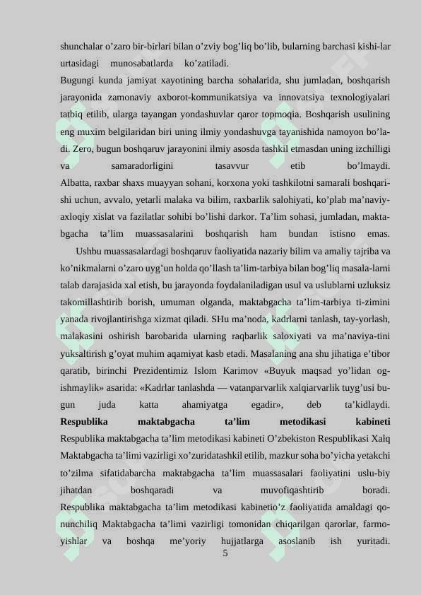 Respublika maktabgacha ta’lim metodikasi kabineti ish mazmuni 5