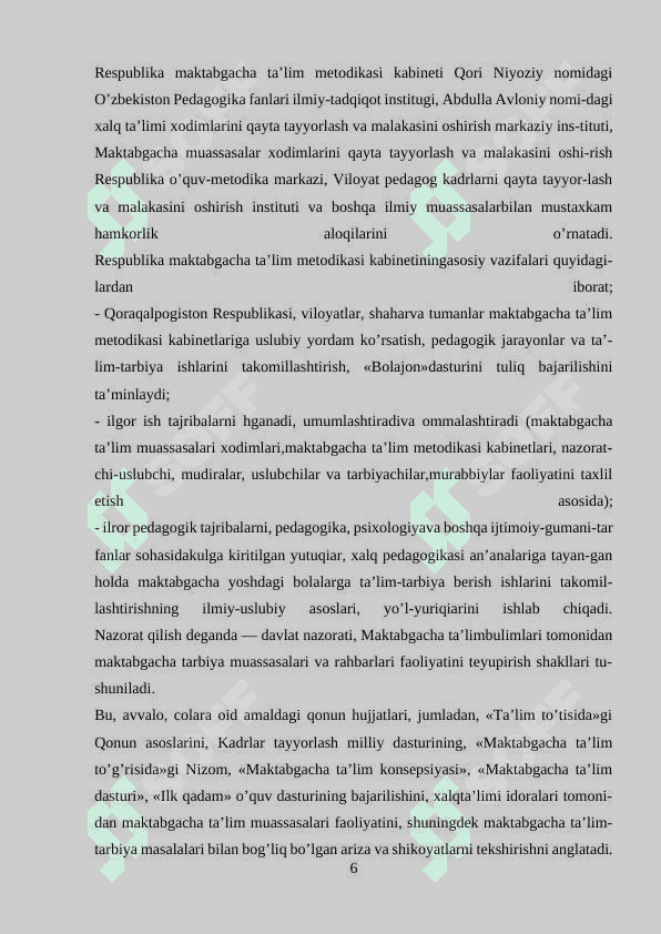 Respublika maktabgacha ta’lim metodikasi kabineti ish mazmuni 6
