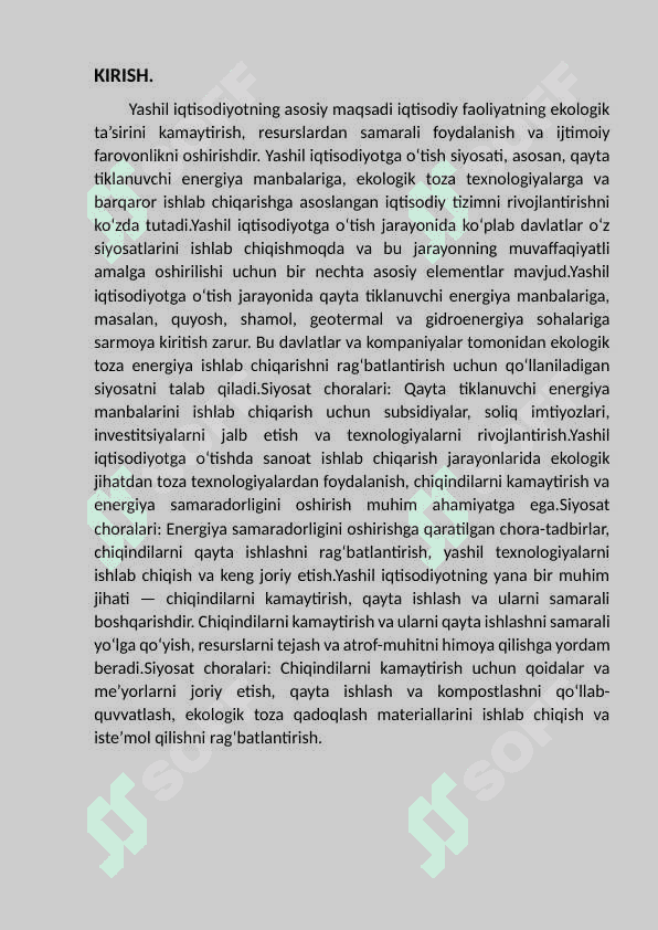 Yashil iqtisodiyot”ni rivojlantirish                     yo‘nalishlari. 2