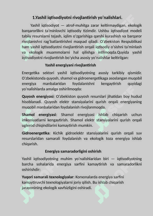 Yashil iqtisodiyot”ni rivojlantirish                     yo‘nalishlari. 3