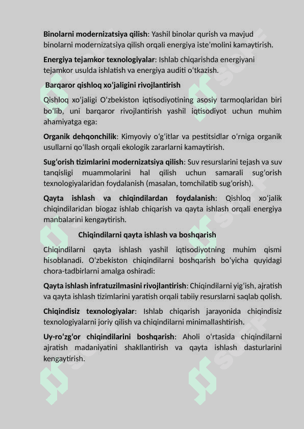 Yashil iqtisodiyot”ni rivojlantirish                     yo‘nalishlari. 4