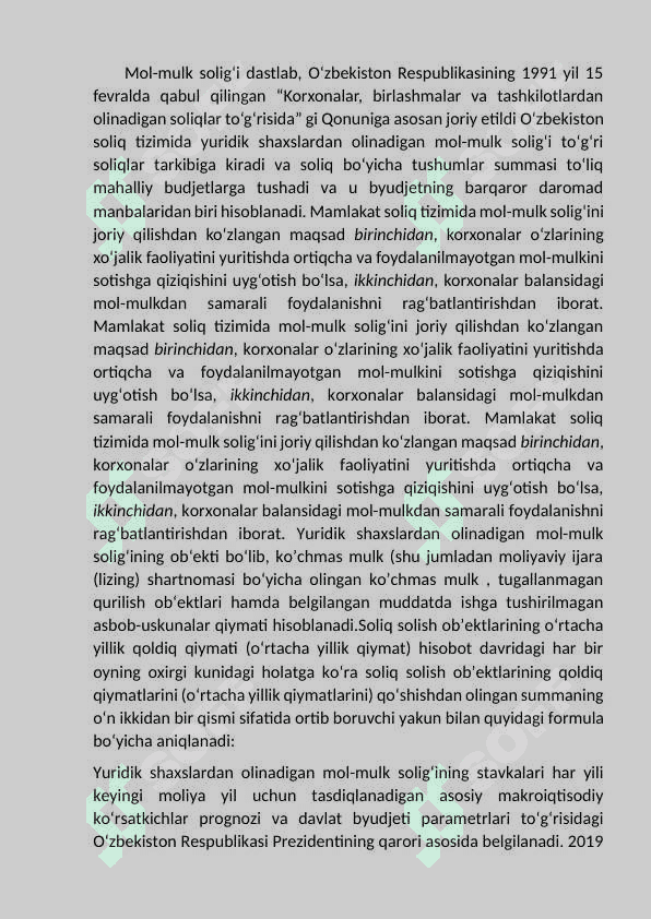 Yuridik shaxslarning mol-mulk soligi bo’yicha imtiyozlar. 2