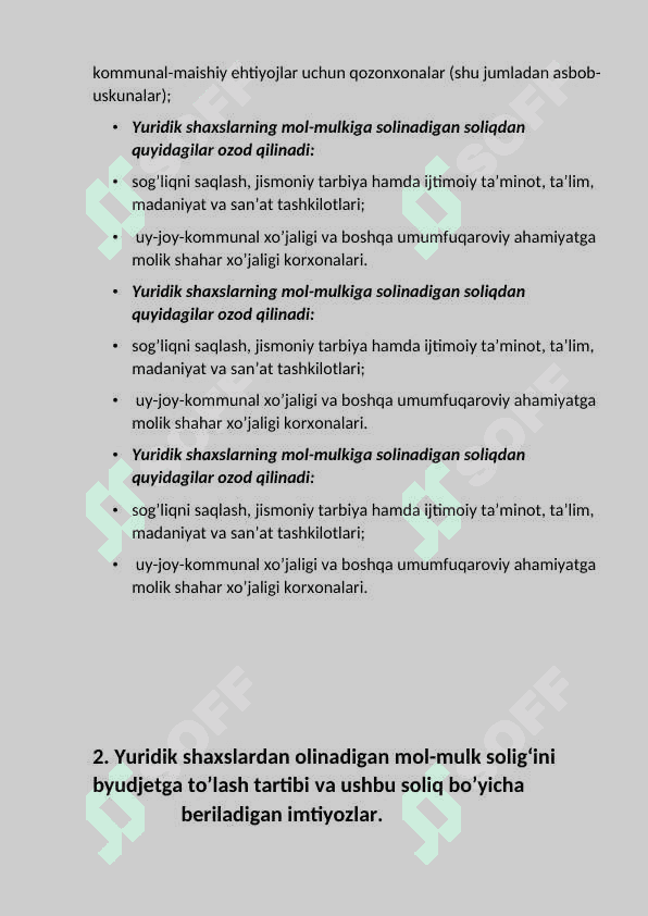 Yuridik shaxslarning mol-mulk soligi bo’yicha imtiyozlar. 4