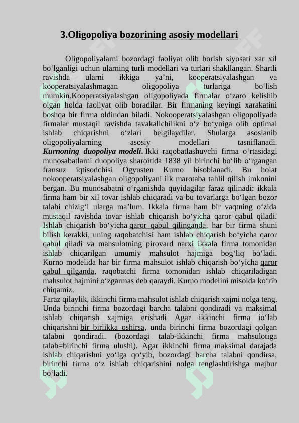 Zamonaviy bozor sharoitida oligopolliyaning                               o’rni. 6