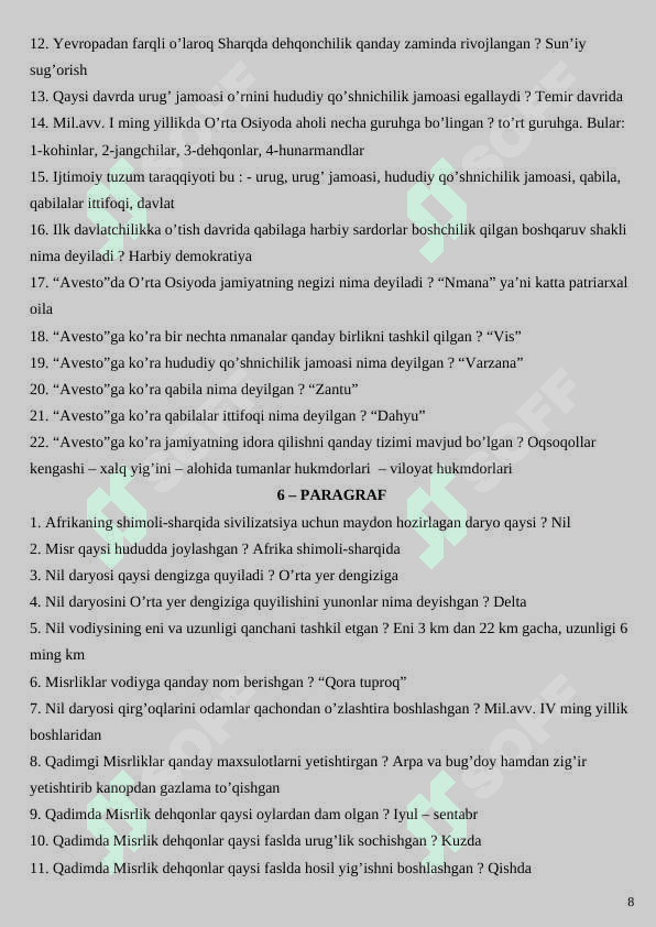 6 SINF TARIX FANIDAN SAVOL-JAVOBLAR. 8
