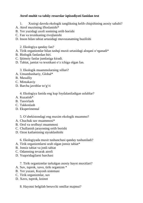 Atrof-muhit va tabiiy resurslar iqtisodiyoti fanidan test javoblari bilan