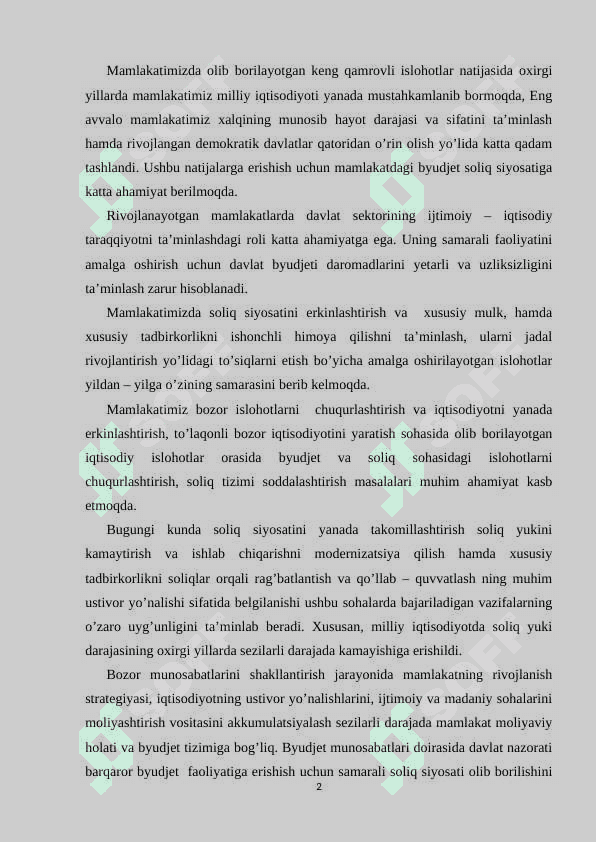Hozirgi sharoitda O’zbekiston Respublikasida byudjet – soliq siyosating ustuvor yo’nalishlari 2