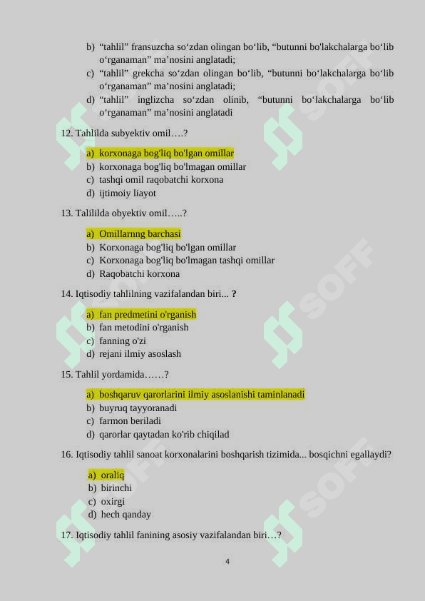 Iqtisodiy tahlil  fanidan test 4