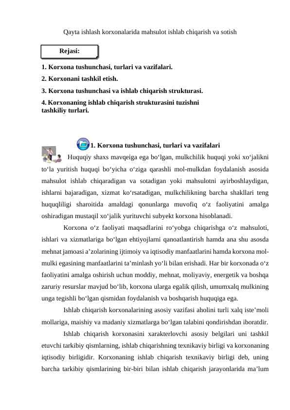 Qayta ishlash korxonalarida mahsulot ishlab chiqarish va sotish 1