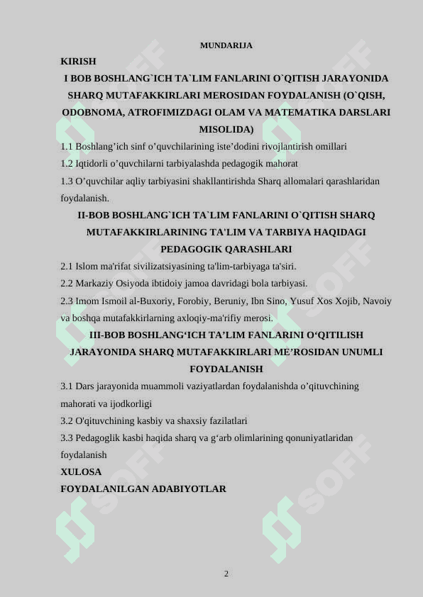 BOSHLANG`ICH TA`LIM FANLARINI O`QITISH JARAYONIDA SHARQ MUTAFAKKIRLARI MEROSIDAN FOYDALANISH (O`QISH, ODOBNOMA, ATROFIMIZDAGI OLAM VA MATEMATIKA DARSLARI 2