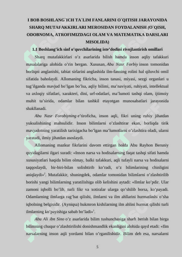 BOSHLANG`ICH TA`LIM FANLARINI O`QITISH JARAYONIDA SHARQ MUTAFAKKIRLARI MEROSIDAN FOYDALANISH (O`QISH, ODOBNOMA, ATROFIMIZDAGI OLAM VA MATEMATIKA DARSLARI 5