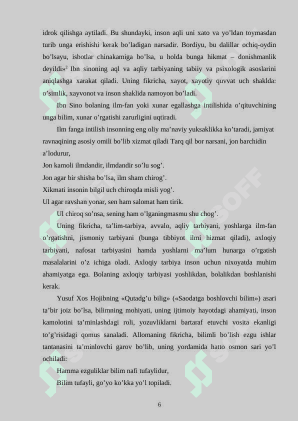 BOSHLANG`ICH TA`LIM FANLARINI O`QITISH JARAYONIDA SHARQ MUTAFAKKIRLARI MEROSIDAN FOYDALANISH (O`QISH, ODOBNOMA, ATROFIMIZDAGI OLAM VA MATEMATIKA DARSLARI 6