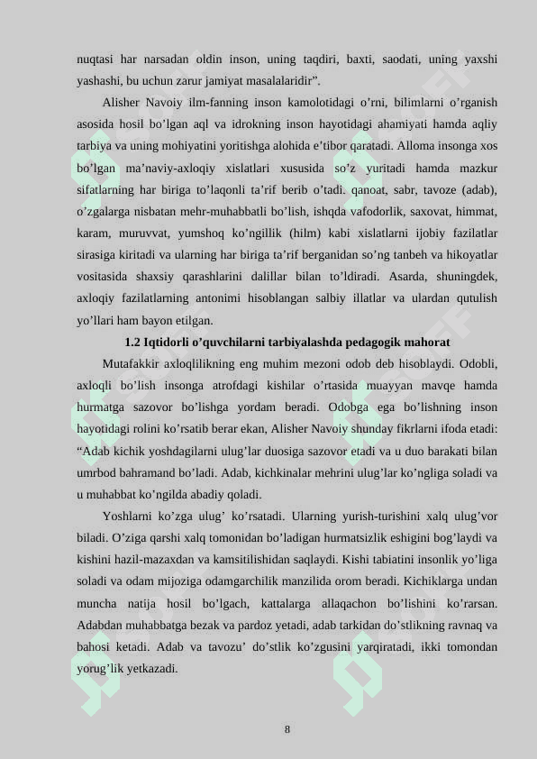 BOSHLANG`ICH TA`LIM FANLARINI O`QITISH JARAYONIDA SHARQ MUTAFAKKIRLARI MEROSIDAN FOYDALANISH (O`QISH, ODOBNOMA, ATROFIMIZDAGI OLAM VA MATEMATIKA DARSLARI 8