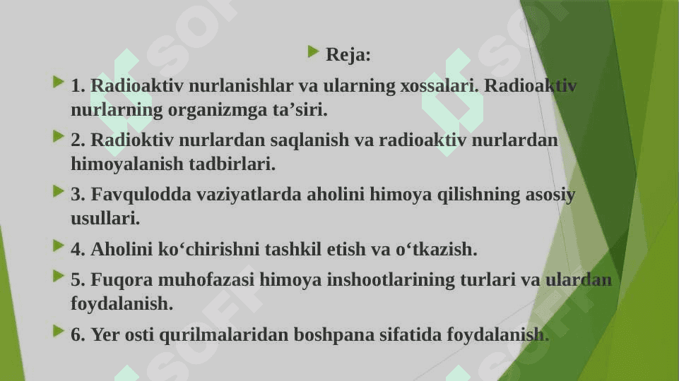 Radiatsion nurlanishlar, ularning xususiyatlari va inson organizmiga ta’siri. Favqulodda vaziyatlar xavfi tug’ilganda va sodir bo’lganda aholiga xabar berish va ularni xavfli hududlardan xavfsiz hududlarga ko’chirishni (evakuatsiya qilishni) tashkillashtirish. 2