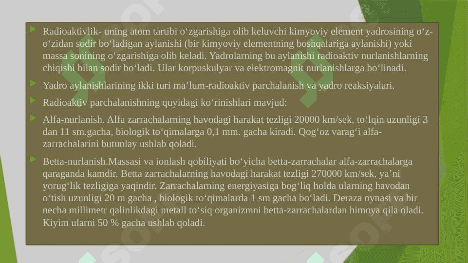 Radiatsion nurlanishlar, ularning xususiyatlari va inson organizmiga ta’siri. Favqulodda vaziyatlar xavfi tug’ilganda va sodir bo’lganda aholiga xabar berish va ularni xavfli hududlardan xavfsiz hududlarga ko’chirishni (evakuatsiya qilishni) tashkillashtirish. 3