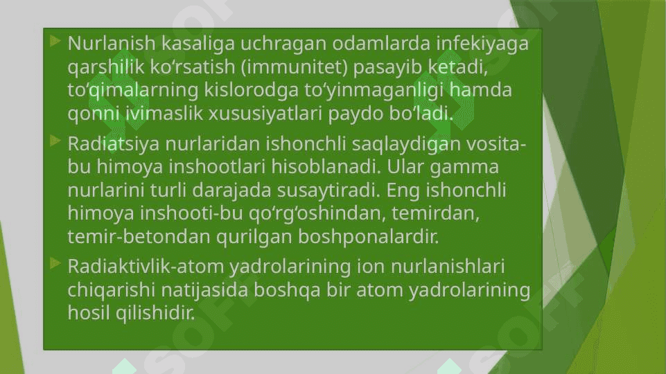 Radiatsion nurlanishlar, ularning xususiyatlari va inson organizmiga ta’siri. Favqulodda vaziyatlar xavfi tug’ilganda va sodir bo’lganda aholiga xabar berish va ularni xavfli hududlardan xavfsiz hududlarga ko’chirishni (evakuatsiya qilishni) tashkillashtirish. 5