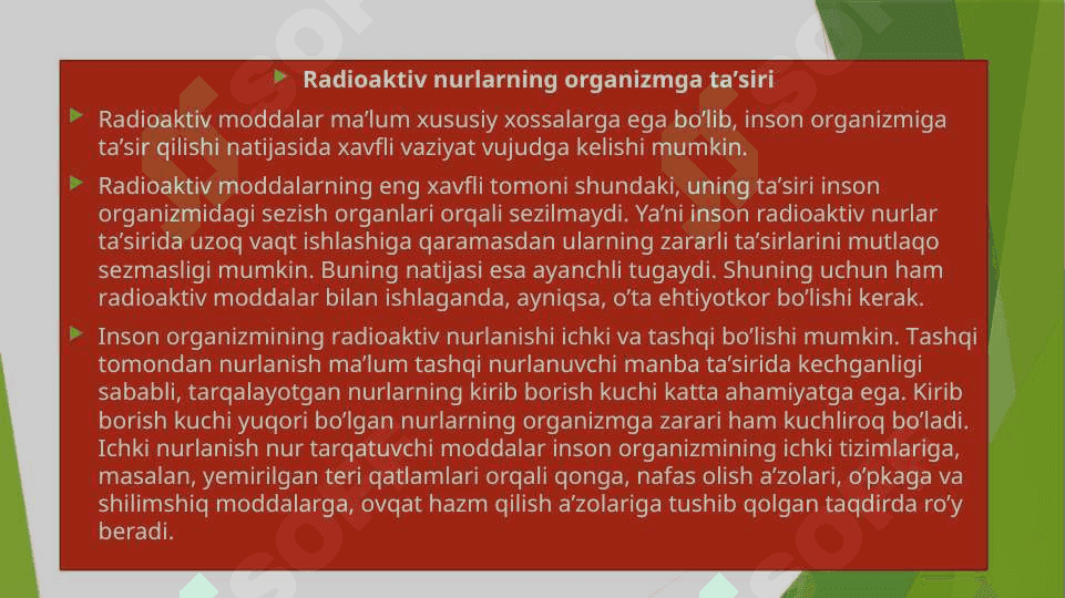 Radiatsion nurlanishlar, ularning xususiyatlari va inson organizmiga ta’siri. Favqulodda vaziyatlar xavfi tug’ilganda va sodir bo’lganda aholiga xabar berish va ularni xavfli hududlardan xavfsiz hududlarga ko’chirishni (evakuatsiya qilishni) tashkillashtirish. 6