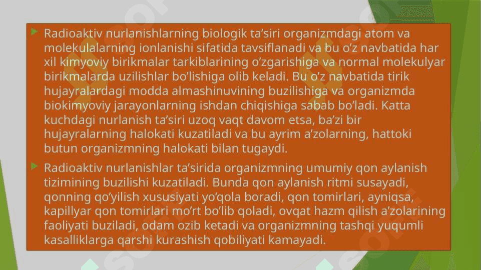 Radiatsion nurlanishlar, ularning xususiyatlari va inson organizmiga ta’siri. Favqulodda vaziyatlar xavfi tug’ilganda va sodir bo’lganda aholiga xabar berish va ularni xavfli hududlardan xavfsiz hududlarga ko’chirishni (evakuatsiya qilishni) tashkillashtirish. 7
