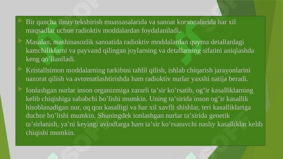 Radiatsion nurlanishlar, ularning xususiyatlari va inson organizmiga ta’siri. Favqulodda vaziyatlar xavfi tug’ilganda va sodir bo’lganda aholiga xabar berish va ularni xavfli hududlardan xavfsiz hududlarga ko’chirishni (evakuatsiya qilishni) tashkillashtirish. 8