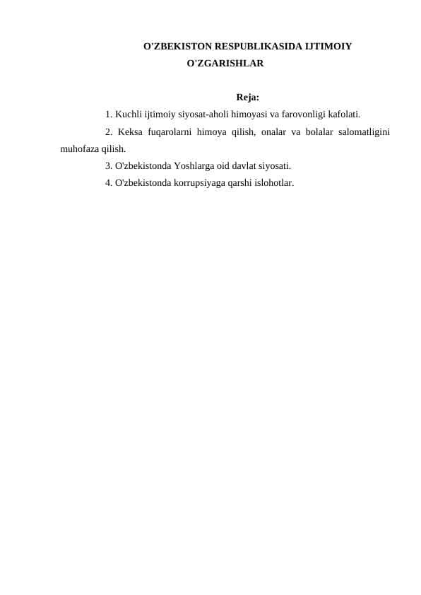 O'ZBEKISTON RESPUBLIKASIDA IJTIMOIY O'ZGARISHLAR