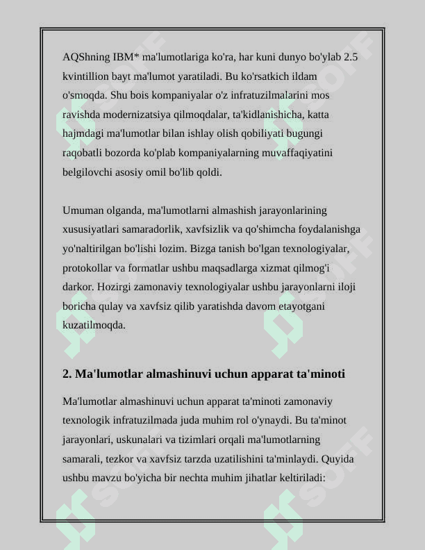 MALUMOTLARNI ALMASHISH JARAYONLARINING XARAKTERISTIKASI, MA‟LUMOTLAR ALMASHINUVINING APPARAT TA‟MINOTI. TARMOQ HIZMATLARI. TARMOQ TEXNOLOGIYASI: TARMOQ TEXNOLOGIYASI HAQIDA TUSHUNCHA, KO„PRIK VA SHLYUZLAR. KOMPYUTER TARMOG„INING ARXITEKTURASI, TARMOQ TOPOLOGIYALARI, TARMOQ TIZIMINING MODELI, MA‟LUMOTLARIN UZATISH BAYONNOMALARI, IP, TCP VA UDP BAYONNOMALARI 6