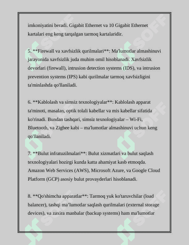 MALUMOTLARNI ALMASHISH JARAYONLARINING XARAKTERISTIKASI, MA‟LUMOTLAR ALMASHINUVINING APPARAT TA‟MINOTI. TARMOQ HIZMATLARI. TARMOQ TEXNOLOGIYASI: TARMOQ TEXNOLOGIYASI HAQIDA TUSHUNCHA, KO„PRIK VA SHLYUZLAR. KOMPYUTER TARMOG„INING ARXITEKTURASI, TARMOQ TOPOLOGIYALARI, TARMOQ TIZIMINING MODELI, MA‟LUMOTLARIN UZATISH BAYONNOMALARI, IP, TCP VA UDP BAYONNOMALARI 8