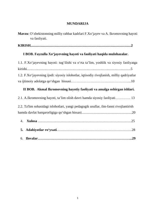 O‘zbekistonning milliy rahbar kadrlari F.Xo‘jayev va A. Ikromovning hayoti va faoliyati