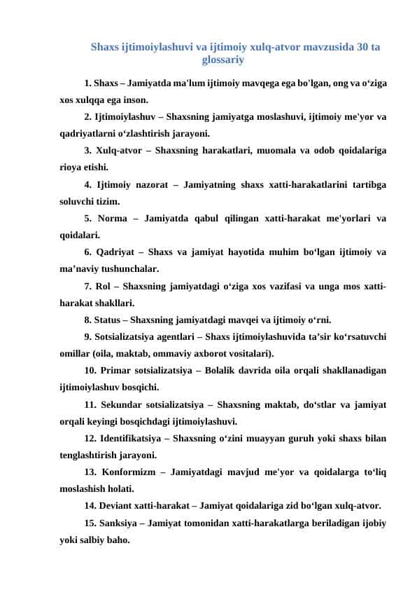 Shaxs ijtimoiylashuvi va ijtimoiy xulq-atvor mavzusida 30 ta glossariy