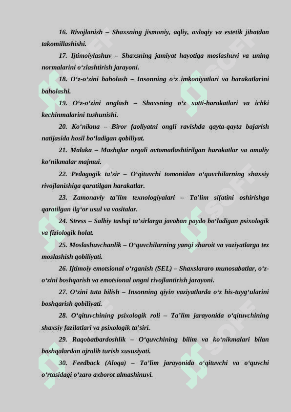 "Ta'lim jarayonining psixologik asoslari" bo‘yicha 30 talik glossariy 2