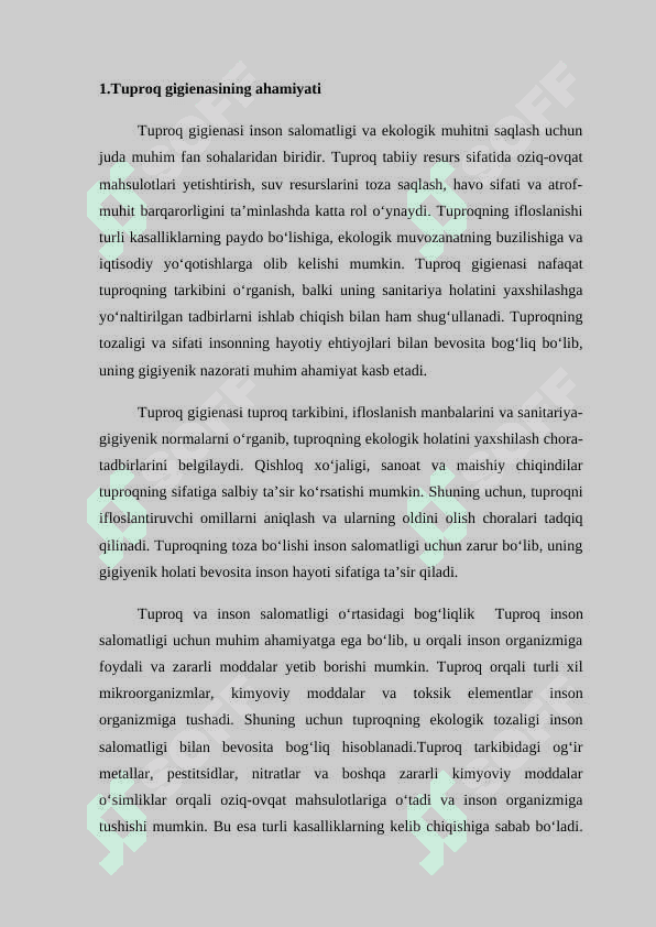 Tuproq gigienasi                      Reja: 1.Tuproq gigienasining ahamiyati 2.Tuproqning ifloslanish manbalari va sanitariya holati 3.Tuproqni gigiyenik muhofaza qilish usullari Xulosa 3