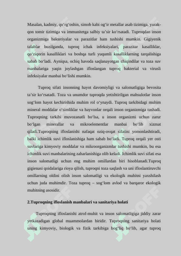 Tuproq gigienasi                      Reja: 1.Tuproq gigienasining ahamiyati 2.Tuproqning ifloslanish manbalari va sanitariya holati 3.Tuproqni gigiyenik muhofaza qilish usullari Xulosa 4