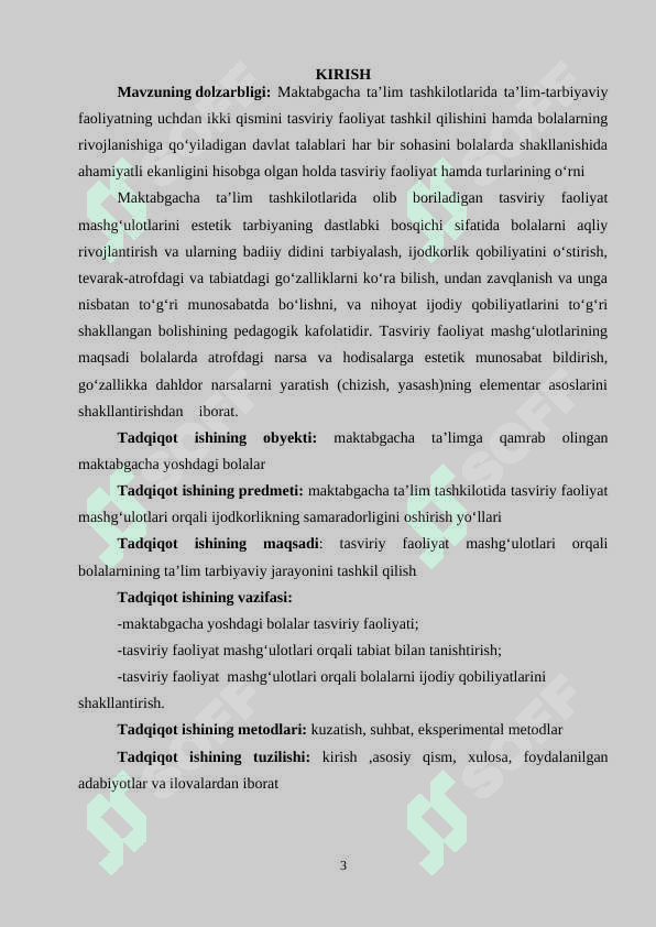 Tasviriy faoliyat maktabgacha ta’lim tashkilotida bolalar bilan olib boriladigan ta’lim- tarbiyaviy ishning bir qismi sifatida 3