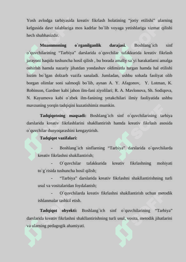BOSHLANG`ICH SINF O`QUVCHILARINI “TARBIYA” FANI DARSLARIDA KREATIV FIKRLASHINI SHAKLLANTIRISHNING PEDAGOGIK ASOSLARI 5