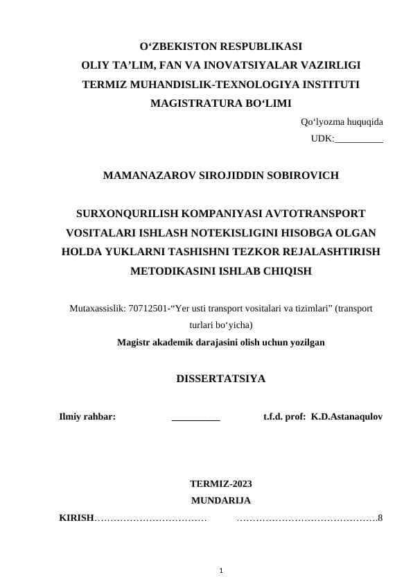 SURXОNQURILISH KОМPАNIYАSI АVTОTRАNSPОRT VОSITАLАRI ISHLАSH NОTEKISLIGINI HISОBGА ОLGАN HОLDА YUKLАRNI TАSHISHNI TEZKОR REJАLАSHTIRISH МETОDIKАSINI ISHLАB CHIQISH