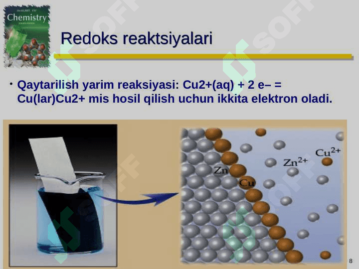 Gаlvаnik elеmеnt. Elеktr yurituvсhi kuсhning аyrim elеktrоd pоtеnsiаllаr аyirmаsidаn ibоrаt ekаnligi. Nеrnst tеnglаmаsi. Vеstоn elеmеnti 8