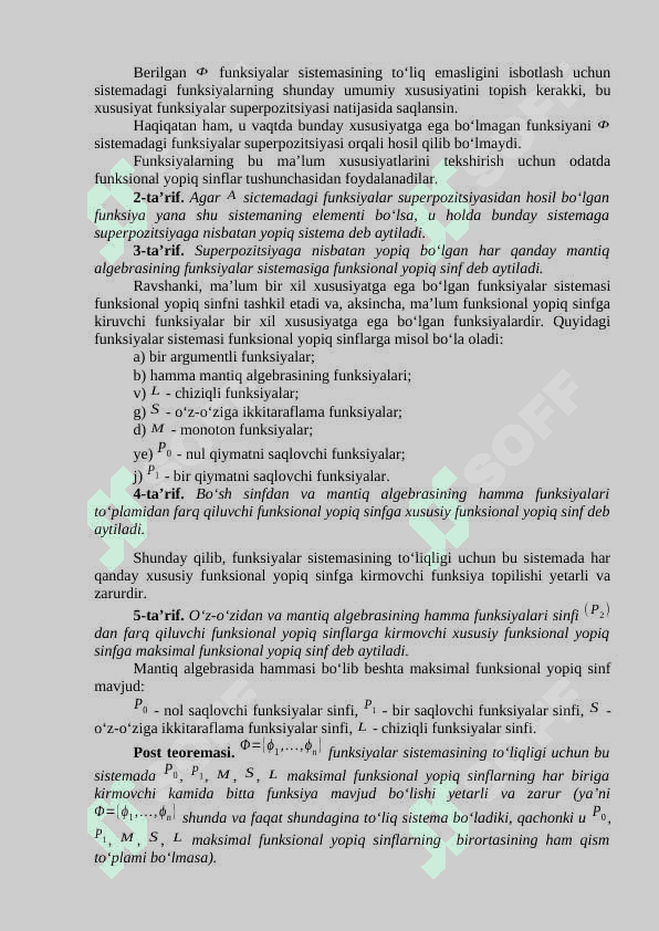 TO‘LIQ VA YOPIQ FUNKSIYALAR SISTEMALARI. POST TEOREMASI VA UNING NATIJALARI 3