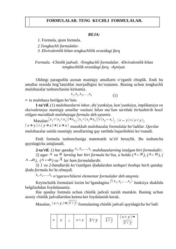 FORMULALAR. TENG  KUCHLI  FORMULALAR