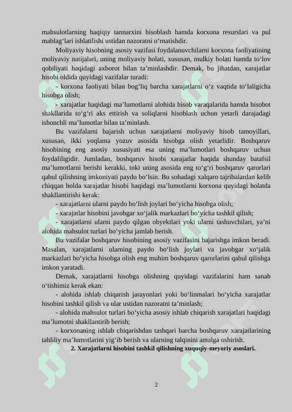 MAHSULOT (ISH, XIZMAT) ISHLAB CHIQARISH XARAJATLARI VA MAHSULOT TANNARXI HISOBI 2