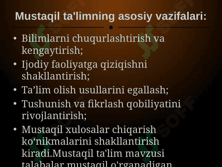 Mustaqil ta’limning maqsadi, vazifasi.Mustaqil ta’lim turlari.Mustaqil ta’lim natijalarini baholash. 2