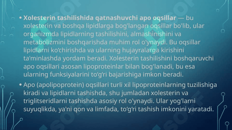 Xolesterin tashilishida qatnashuvchi apo oqsillar . Yog’ bosish va semirish . Sfingolipidlar 2