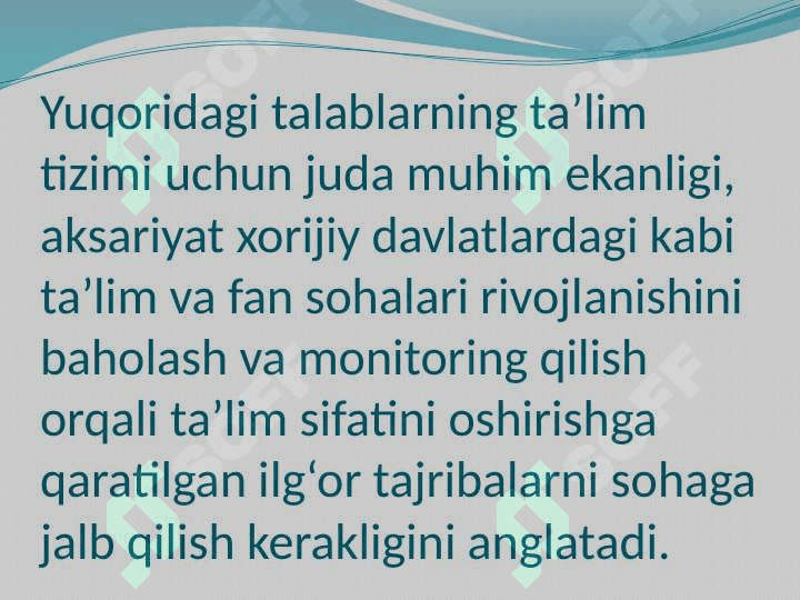 Xalqaro baholash dasturlarini o’zida mujassamlashtirgan innavatsion metodlar asosida dars ishlanmalarini ishlab chiqish va amaliyotga tatbiq etish. 4