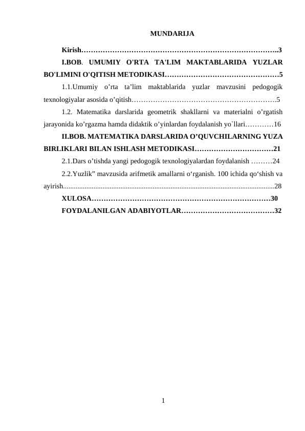 UMUMIY O'RTA TA'LIM MAKTABLARIDA YUZLAR BO'LIMINI O'QITISH METODIKAS