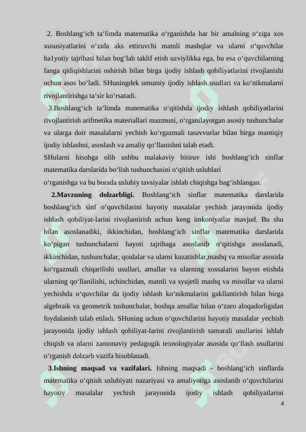 BOSHLANG‘ICH SINFLARDA MATЕMATIKADAN O‘QUVCHILARNI IJОDIY ISHLASHGA O‘RGATISH MЕTОDIKASI(1-SINF MISOLIDA) 4