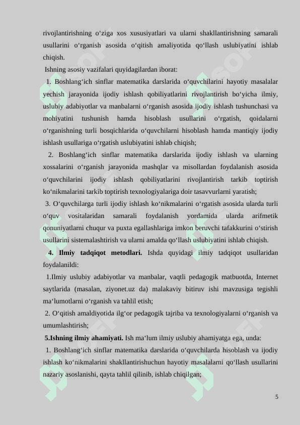 BOSHLANG‘ICH SINFLARDA MATЕMATIKADAN O‘QUVCHILARNI IJОDIY ISHLASHGA O‘RGATISH MЕTОDIKASI(1-SINF MISOLIDA) 5